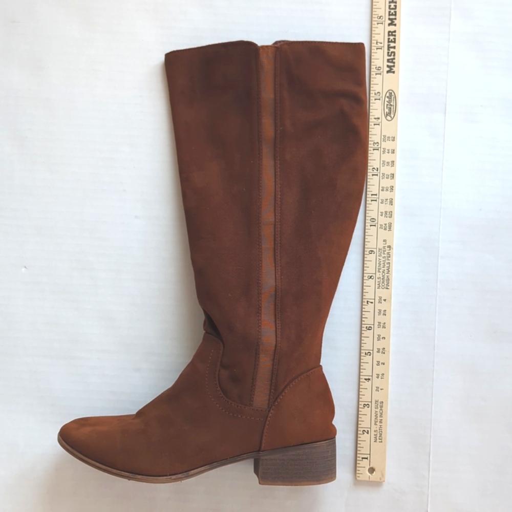Time and Tru Faux Suede Tall Block Heel Boots 9 Brown Stretch Gore - Picture 13 of 14